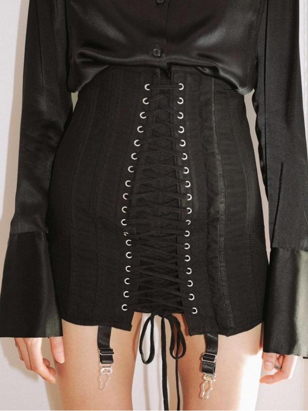 Orseund Iris Black Lace-Up Mini Skirt with Garter Straps